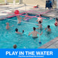 People playing 9 square in the water with texts that says "play in the water".  Top poles and straps not included