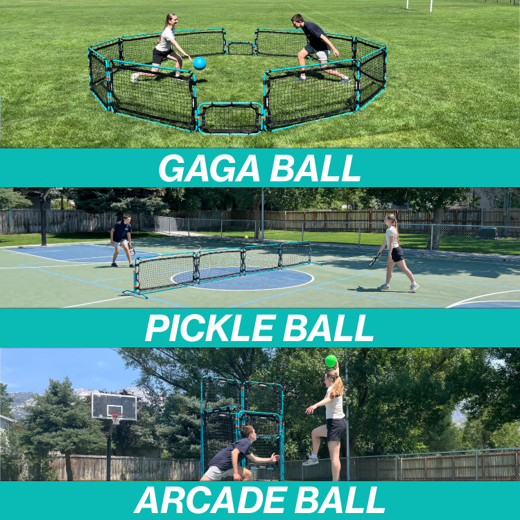 People playing gaga ball, pickle ball, and arcade ball with Infinets