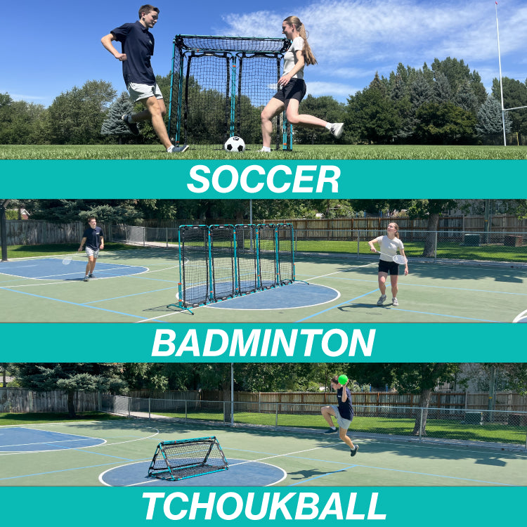 People playing soccer, badminton, and tchoukball with Infinets